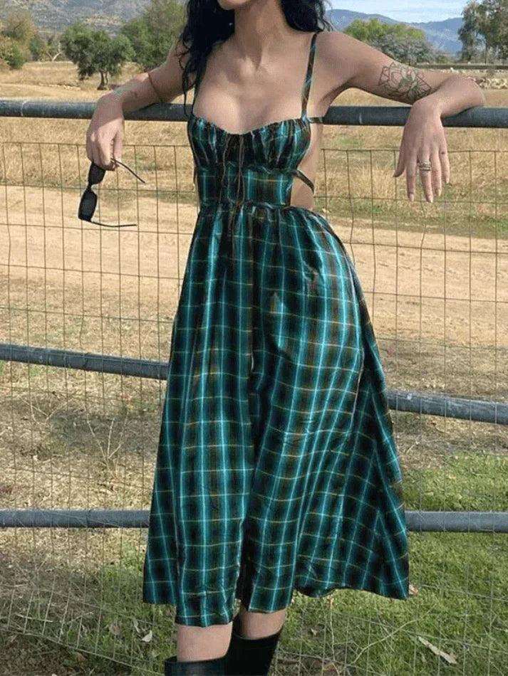 Green Checkered Maxi Dress with Open Back