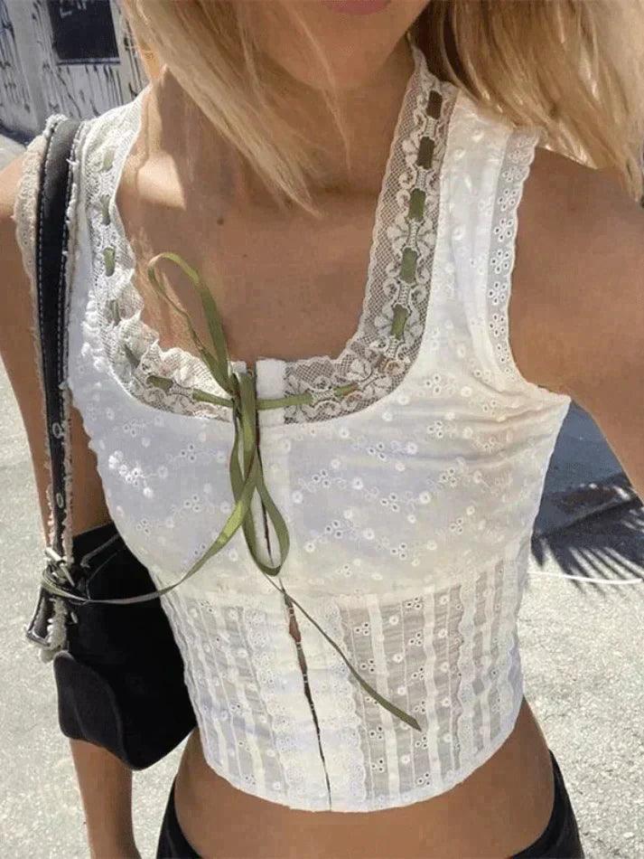 White Lace-Up Cropped Tank Top with Back Criss-Cross Design