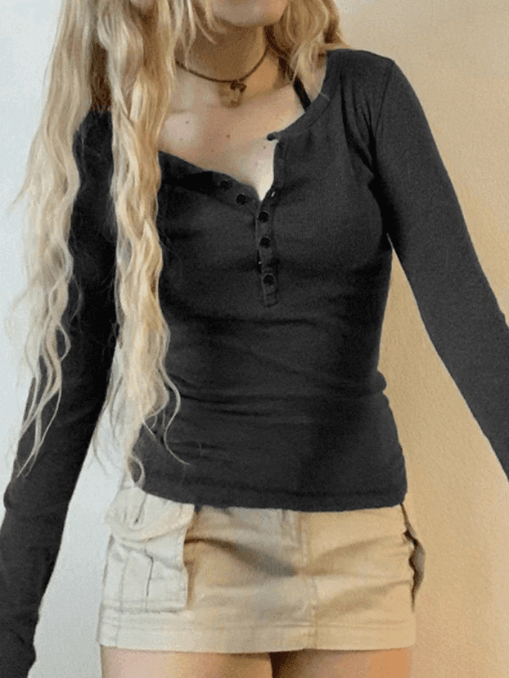 Slim Fit Button-Down Knit Top with Long Sleeves