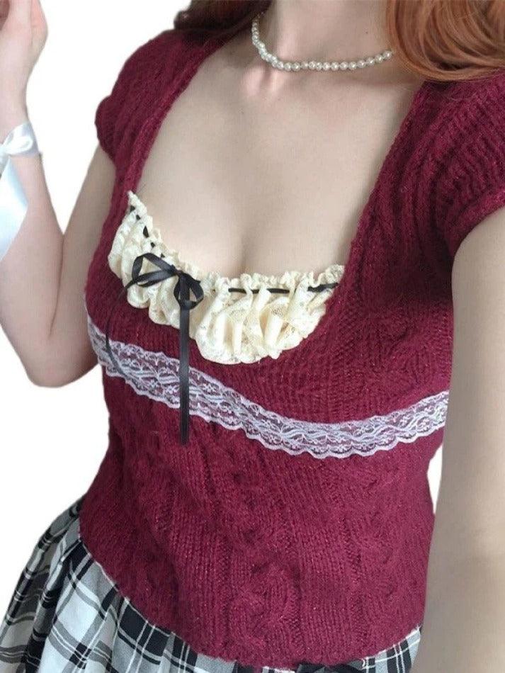 Lace Paneled Cable Knit Crop Sweater