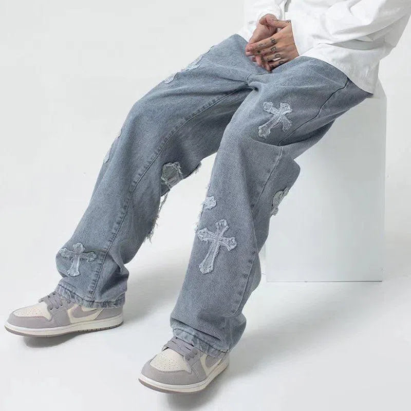 Cross Patchwork Baggy Jeans with Straight Leg Cut