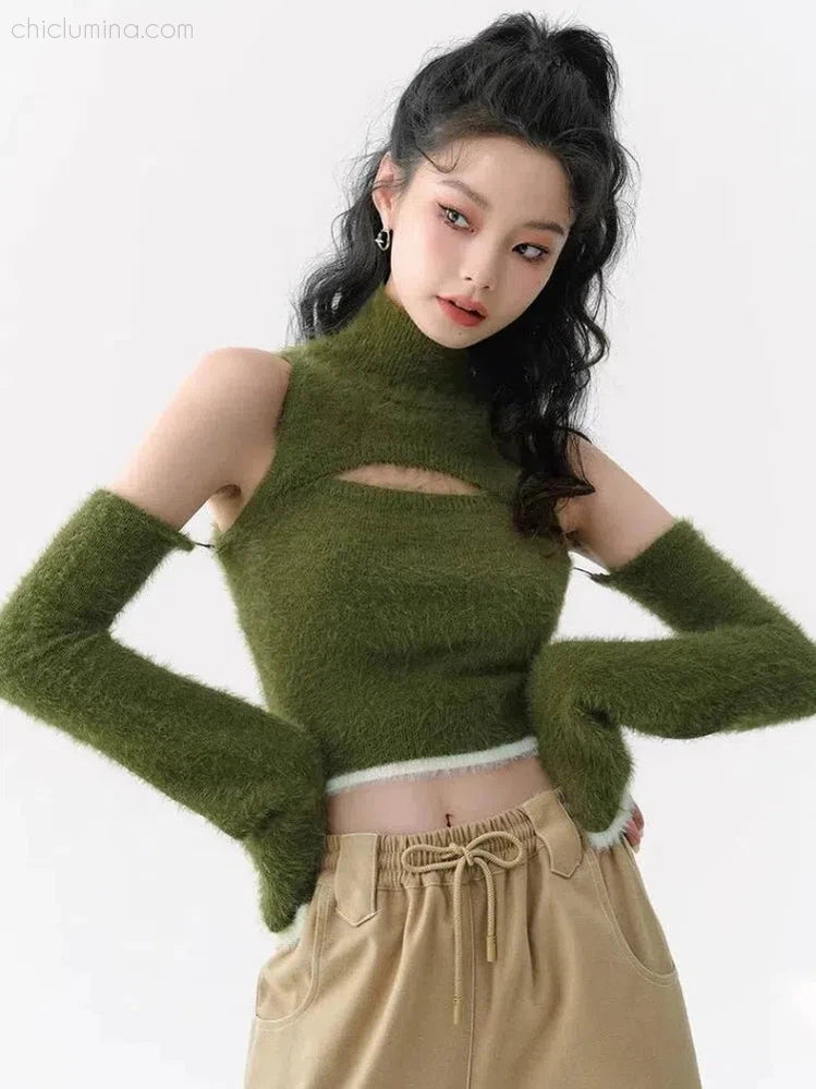Cozy Fluffy Cut-Out Crop Sweater