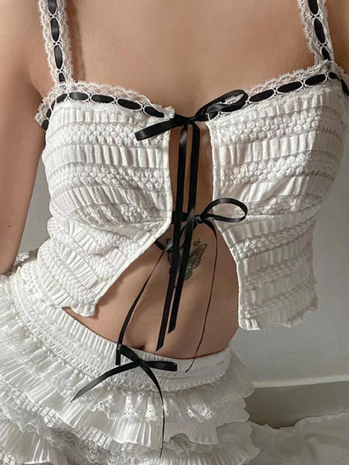 Contrast Ribbon Tie-Up Cami with Cutout Detail