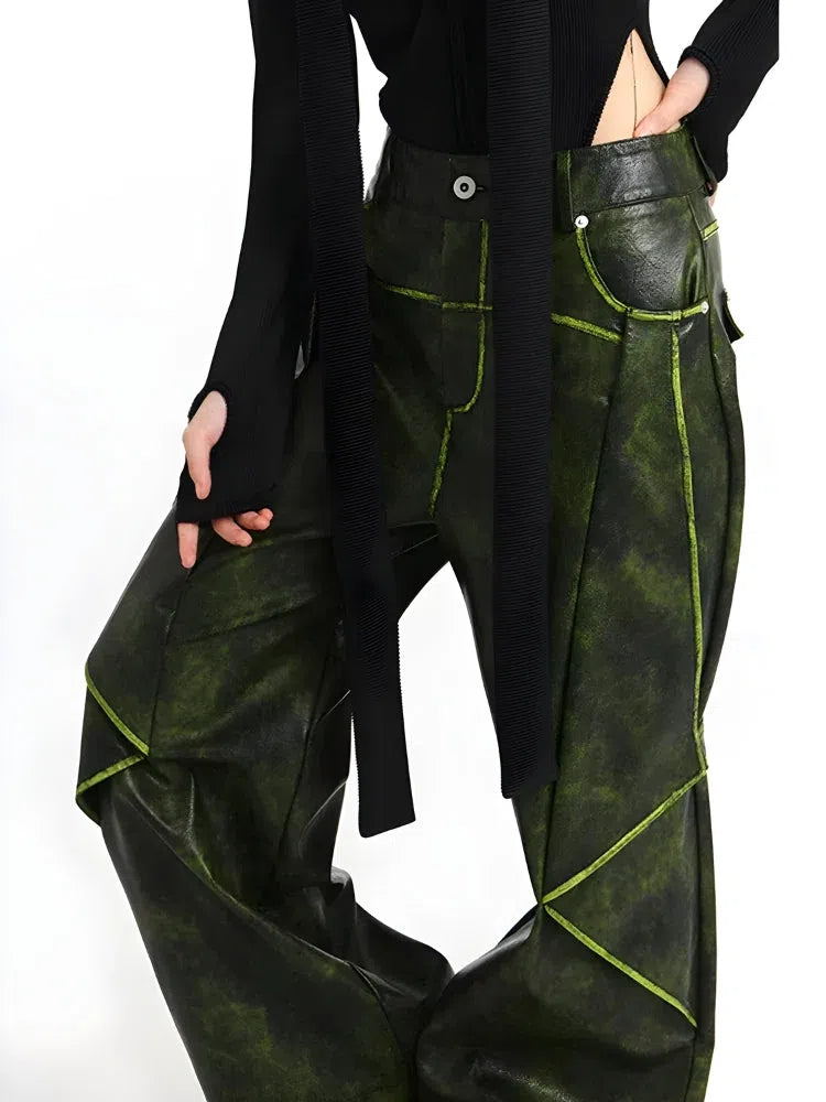 Cyberpunk Forest Faux Leather Pants with Contrast Color Line Details