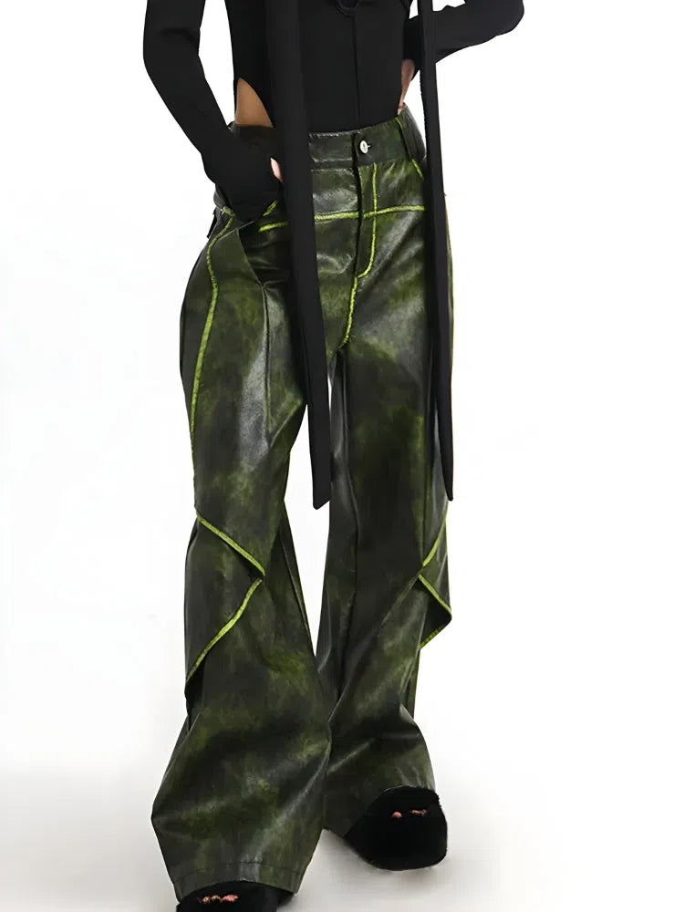 Cyberpunk Forest Faux Leather Pants with Contrast Color Line Details