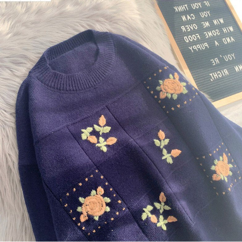 Vintage Floral Embroidery Knitted Sweater