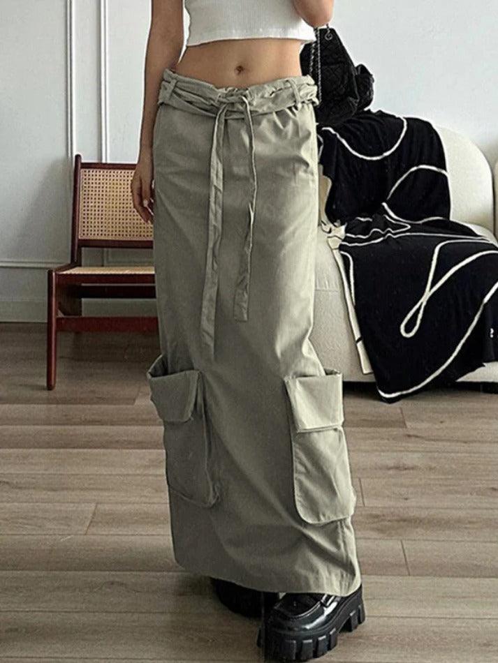 Low Waist Cargo Style Midi Skirt with Rolled Lacing Detail