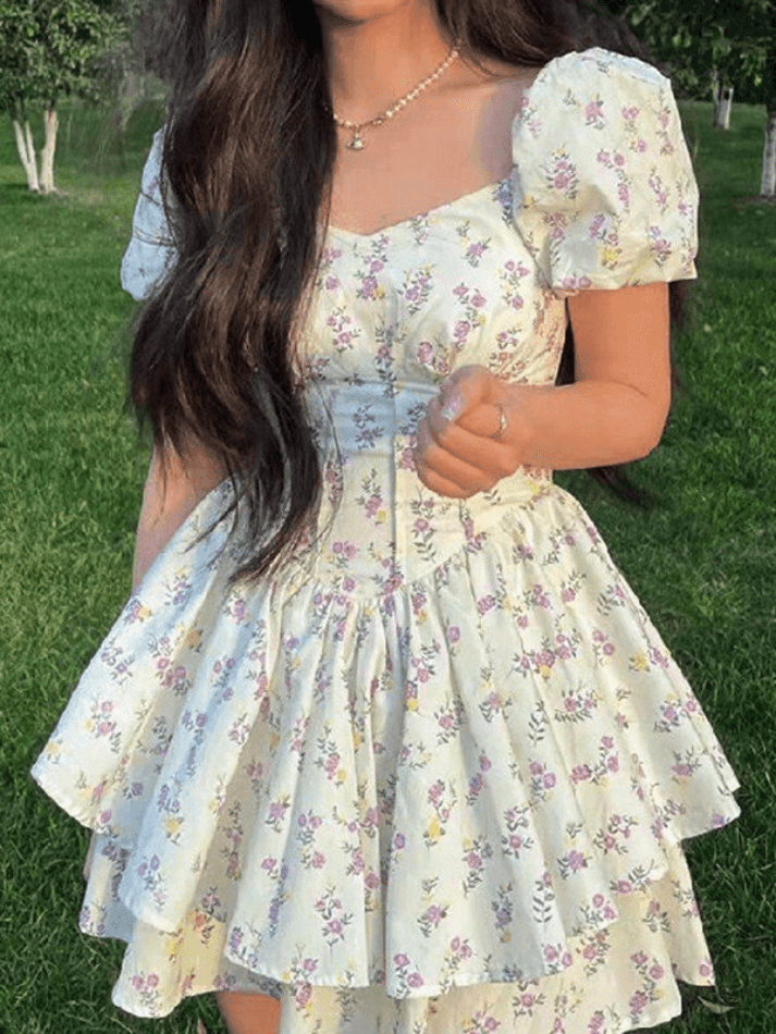 Floral Print Puff Sleeve Corset Mini Dress
