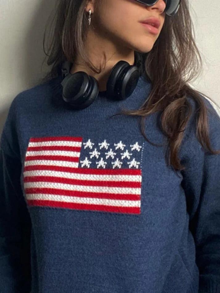 Retro Flag Jacquard Sweater - Vintage Flag Pattern Slim Fit Long Sleeve Crew Neck Sweatshirt