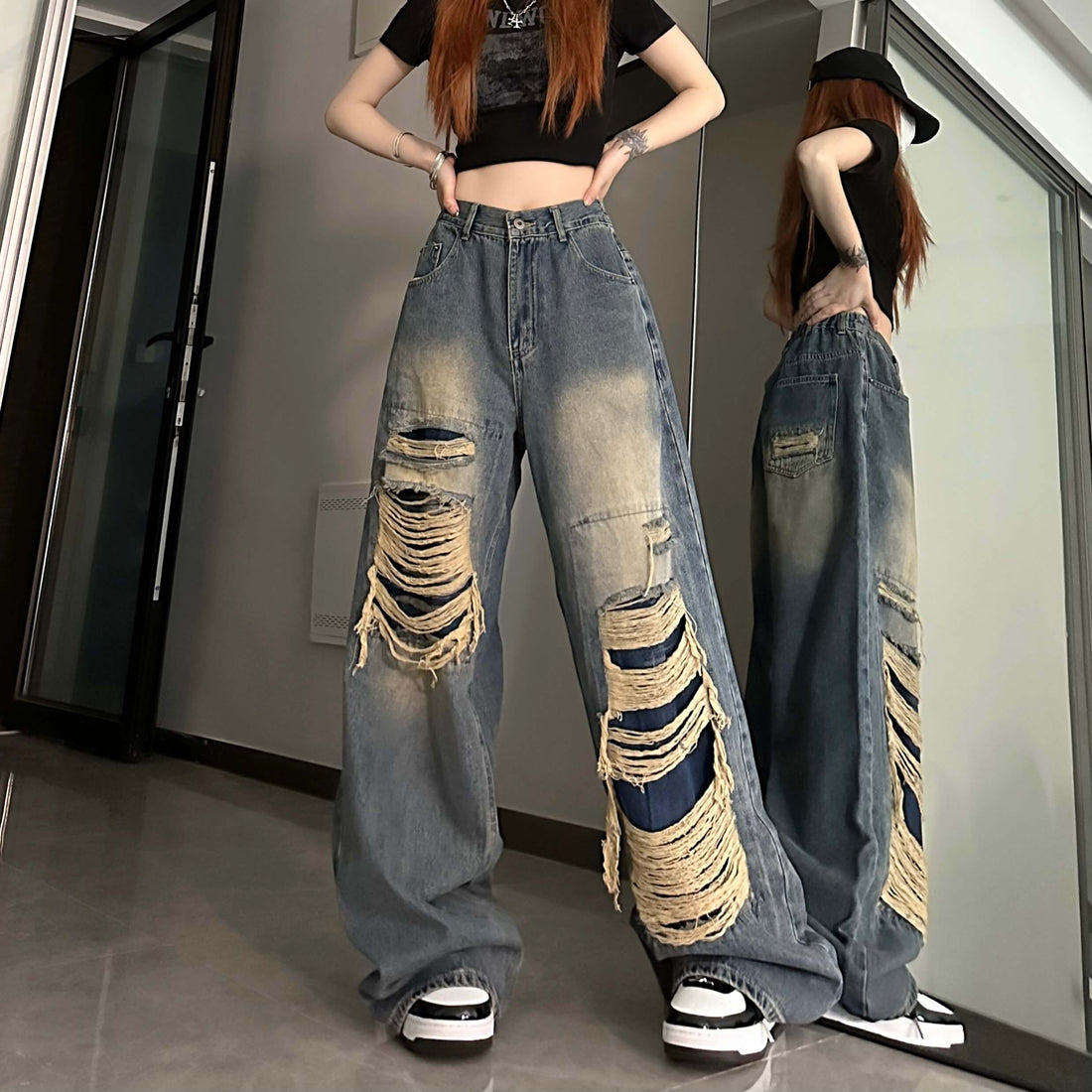 Rusty Bleached Aesthetic Grunge Ripped Flared Jeans