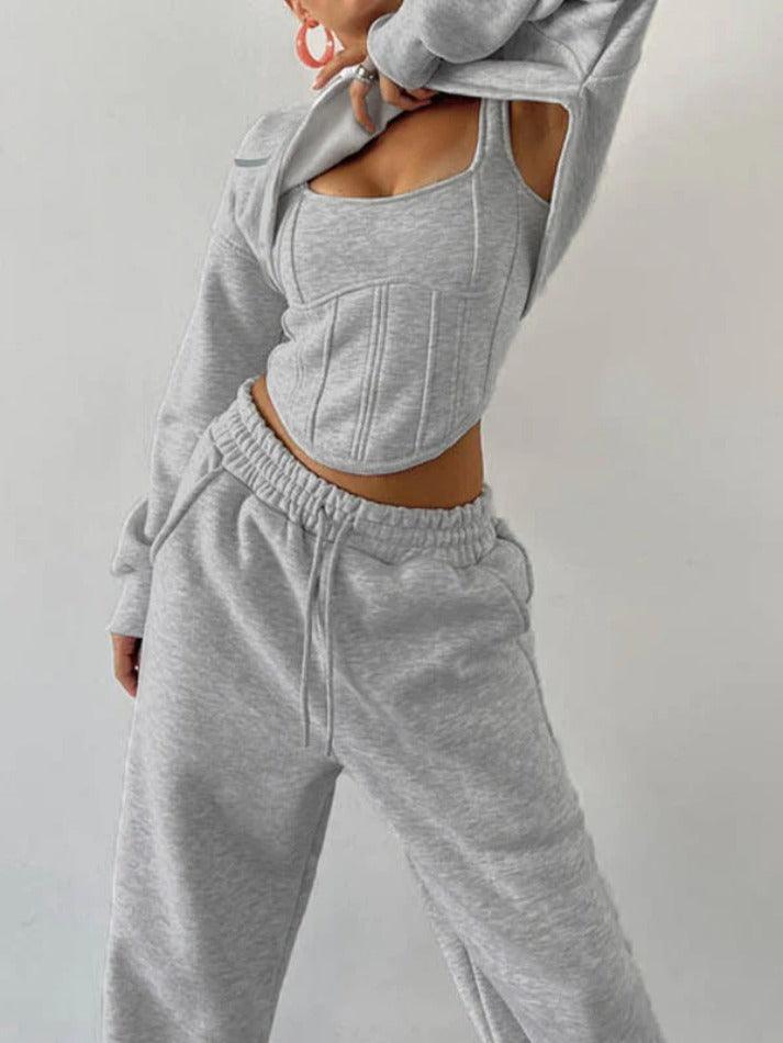 Relaxed Vintage Style Polyester Corset Tank Top and Short Hoodie Set with Drawstring Sweatpants