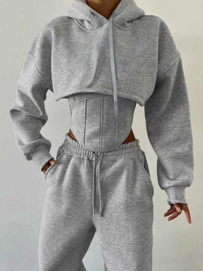 Relaxed Vintage Style Polyester Corset Tank Top and Short Hoodie Set with Drawstring Sweatpants
