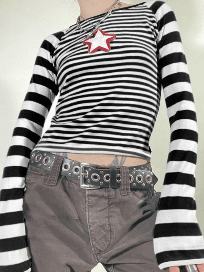 Starry Nights Striped Long Sleeve Crop Top with Star Embroidery