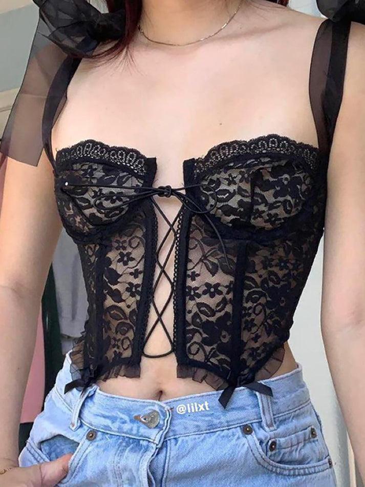 Strappy Lace-Up Mesh Corset Top