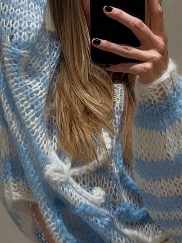 Baggy Stripe Crochet Sweater with Blue & White Stripes