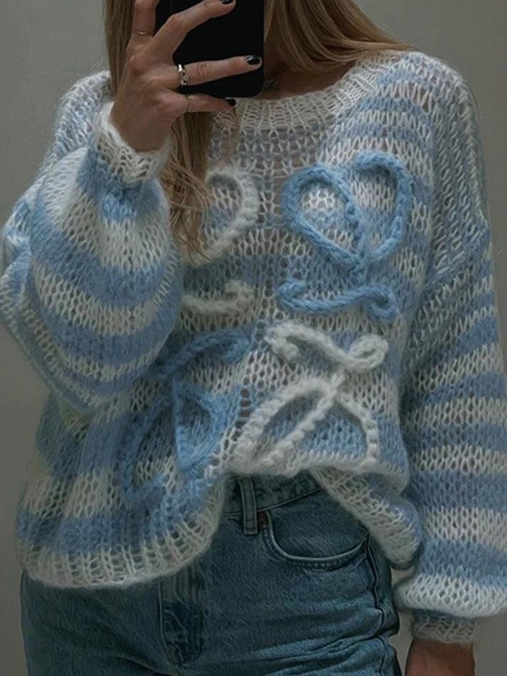 Baggy Stripe Crochet Sweater with Blue & White Stripes