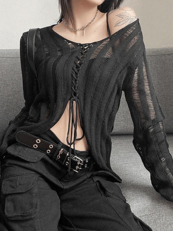 Edgy Distressed Sheer Knit Top with Tie Front Detail