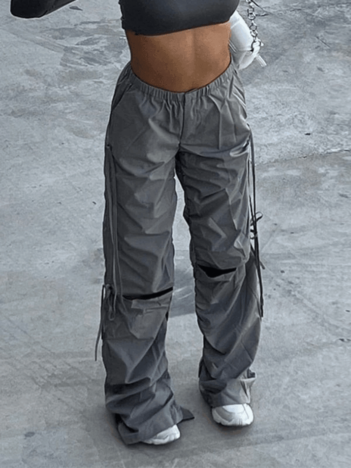 Cutout Parachute Cargo Pants with Tie Straps