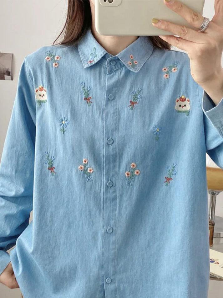 Vintage Bear Flower Embroidered Denim Shirt
