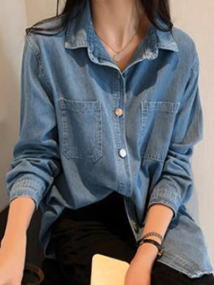 Light Blue Vintage Denim Shirt with Loose Fit Long Sleeves