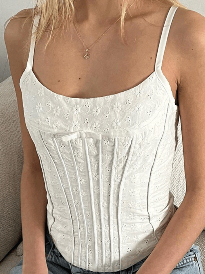 White Lace Corset Crop Top with Tiny Bow Decor