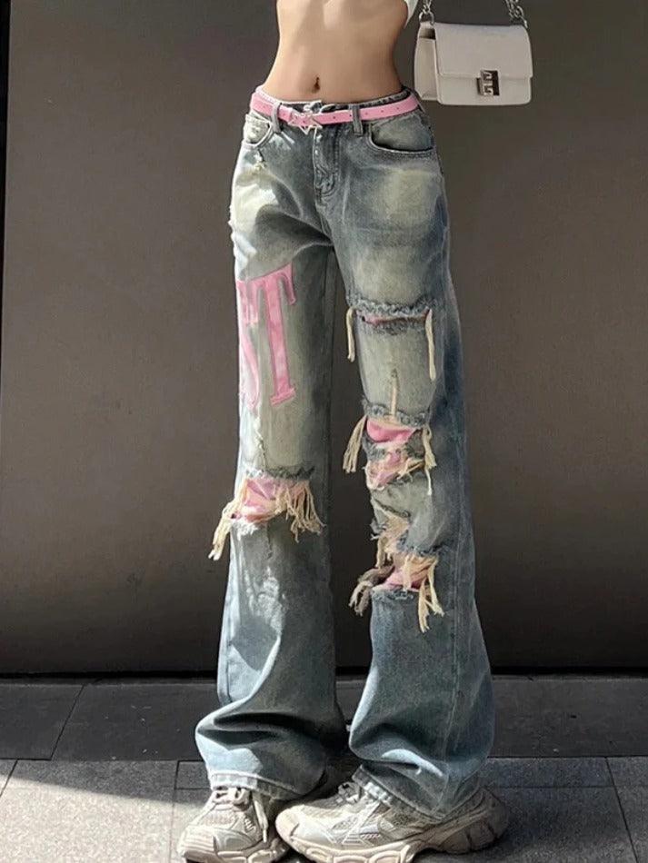 Y2K Pink Ripped Embroidery Boyfriend Jeans