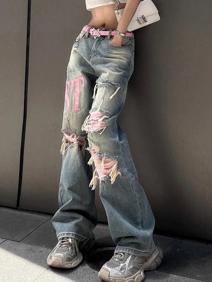 Y2K Pink Ripped Embroidery Boyfriend Jeans