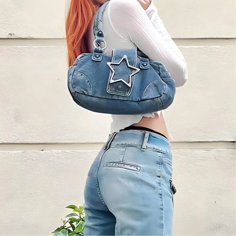 Y2K Star Denim Bag with Silver Buckle and Side Pockets