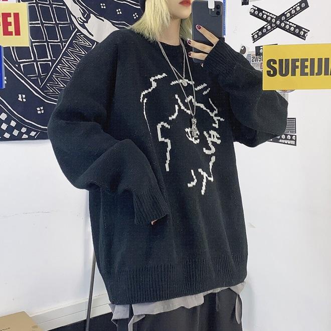 Anime Boys Knit Pattern Loose Black White Sweater