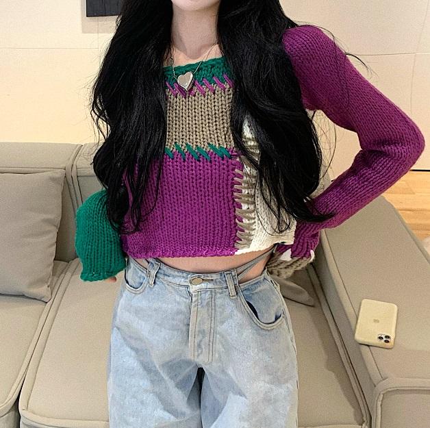 Art Hoe Color Block Contrast Stitch Knit Cropped Sweater