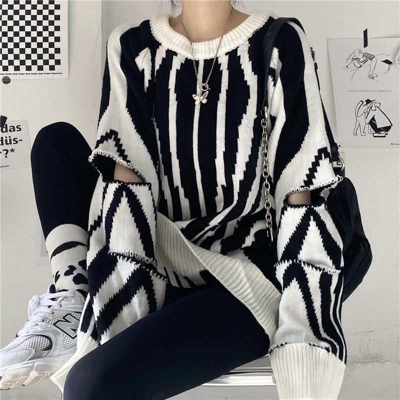 Art Monochrome Design Pattern Knit Ripped Loose Sweater