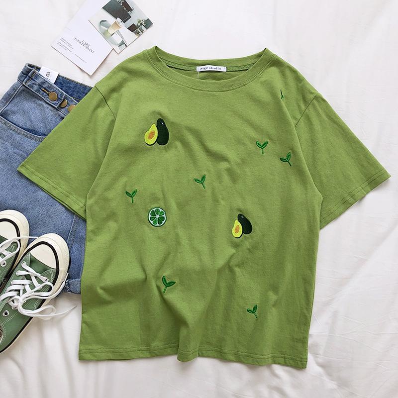 Avocado And Plants Embroidery Oversized T-Shirt