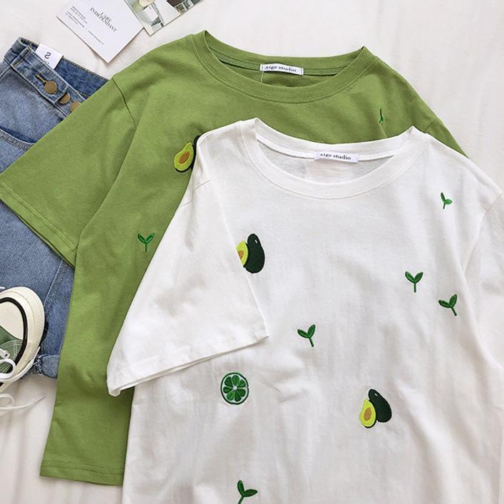 Avocado And Plants Embroidery Oversized T-Shirt