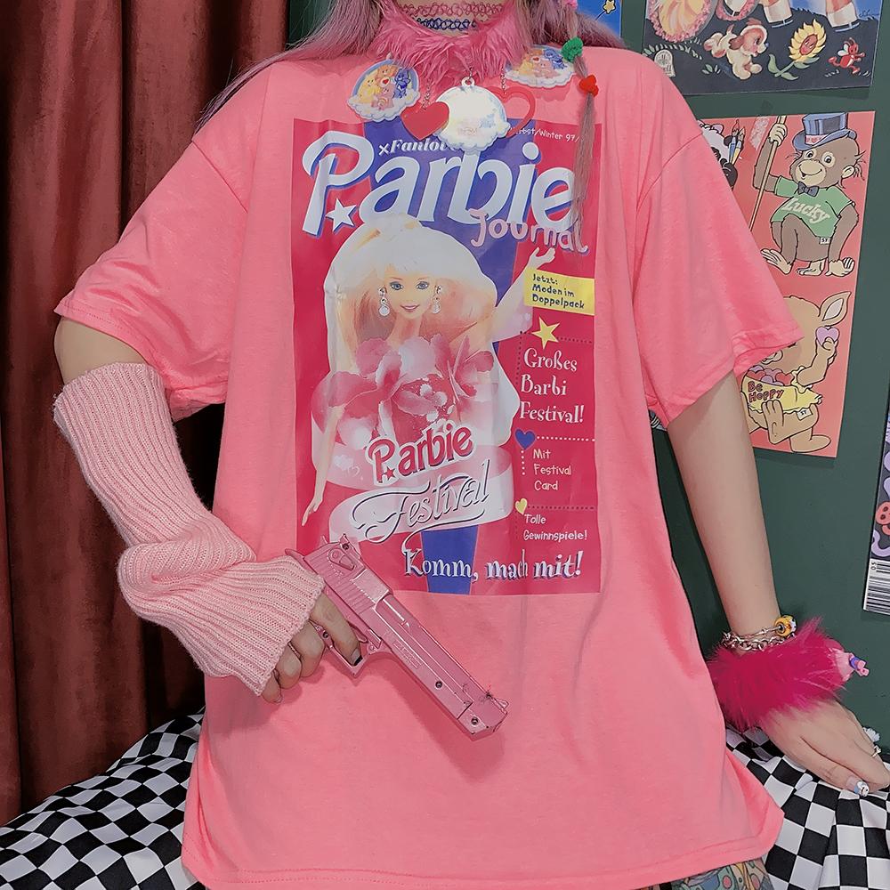 Barbie Print Pastel Aesthetic Oversized Pink T-Shirt