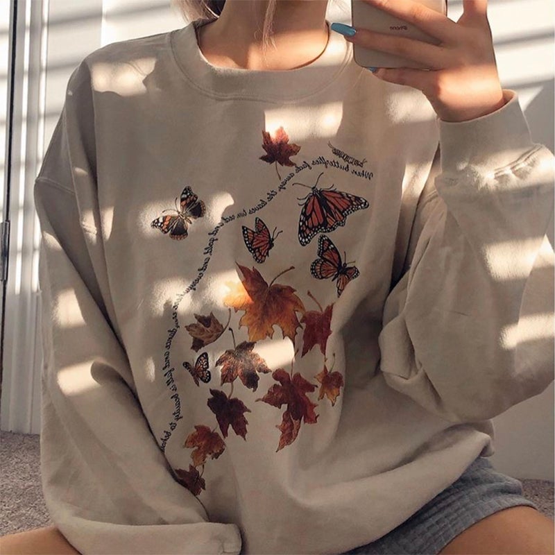 Beige Autumn Aesthetic Butterfly Print Loose Sweatshirt