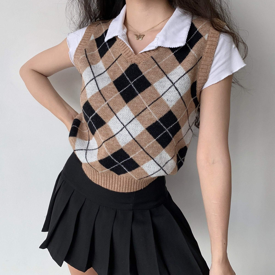 Beige Diamond Pattern College Style Knit Sweater Vest