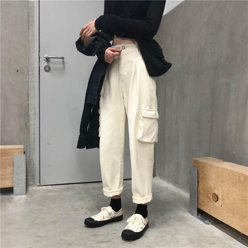 Big Pockets Korean Aesthetic Beige Black Oversized Pants