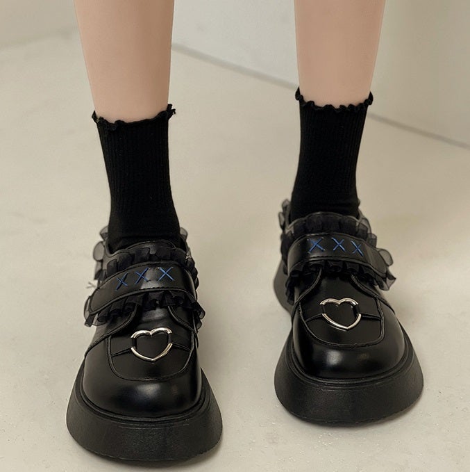 Black Harajuku Aesthetic Lace Heart Thick Sole Boots