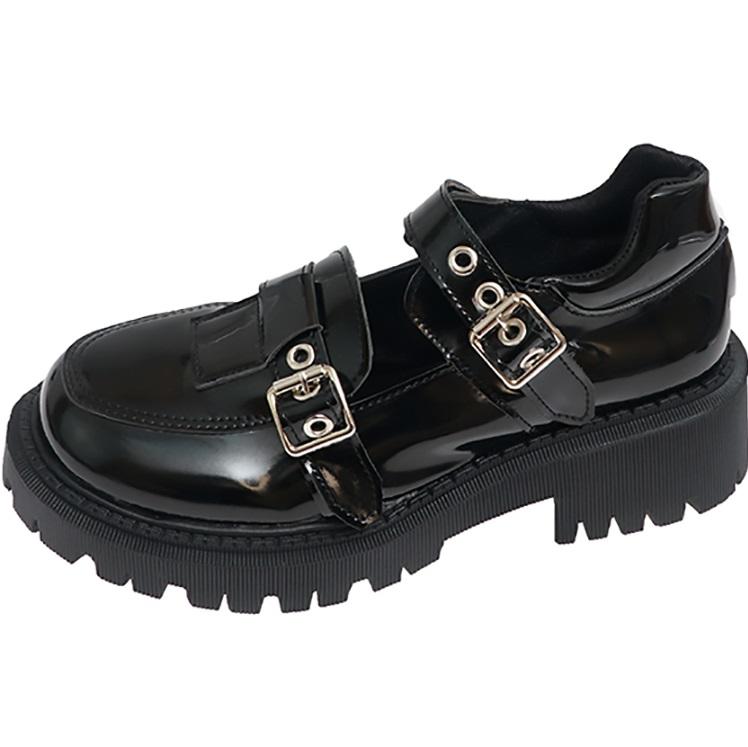 Black Matte Glossy Retro Metal Buckles Thick Sole Shoes