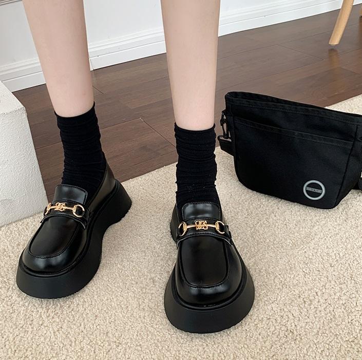 Black Retro College Style Golden Buckle Thick Sole Shoes