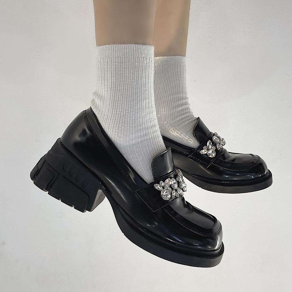 Black Rhinestones Band Thick Mid-Heel Loafers Shoes