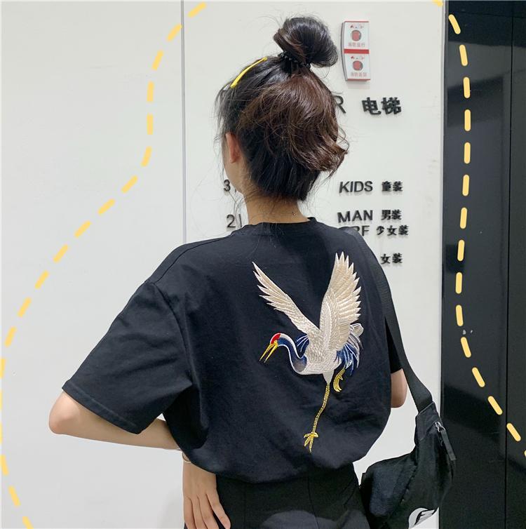 Black White Crane Embroideries Loose T-Shirt
