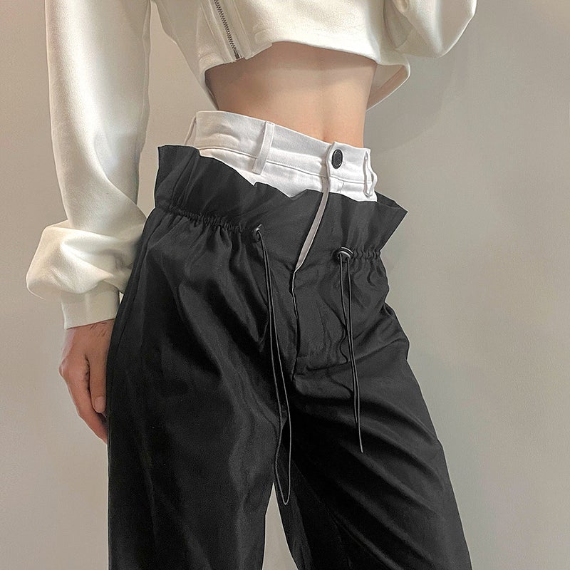 Black White Techwear Drawstring Waist Loose Pants