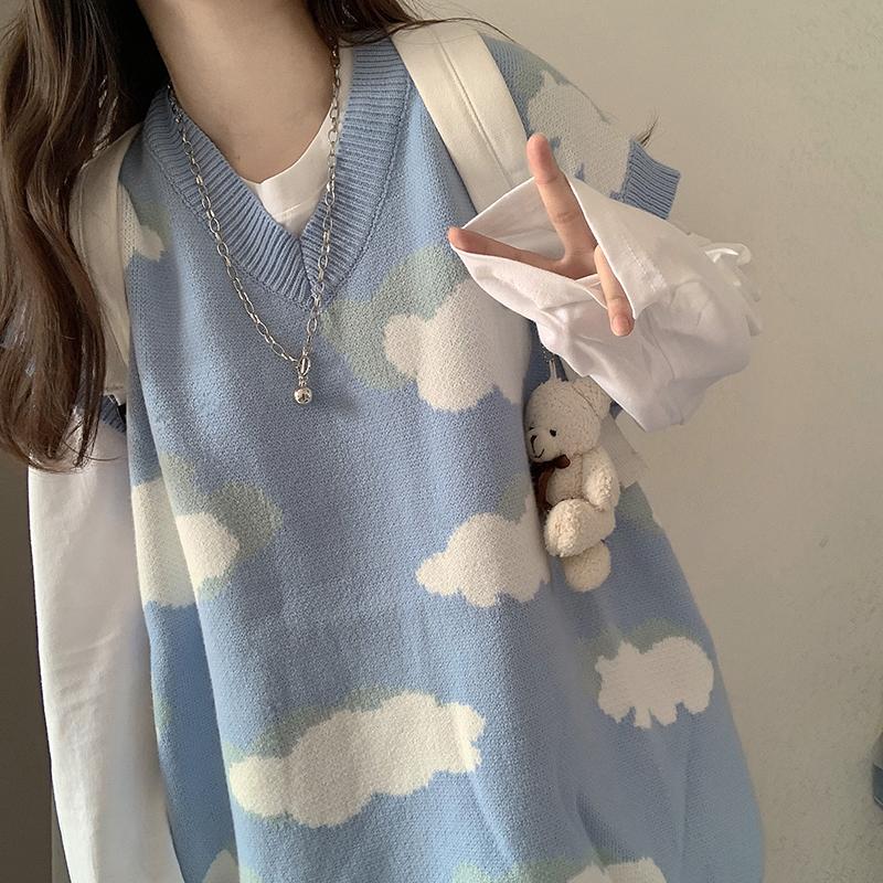 Blue Clouds Cute Aesthetic Loose Knit Vest Sweater