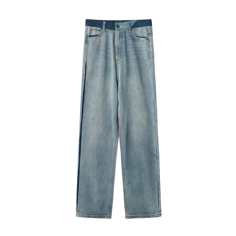 Blue Denim 90S Contrast Side High Waist Straight Jeans