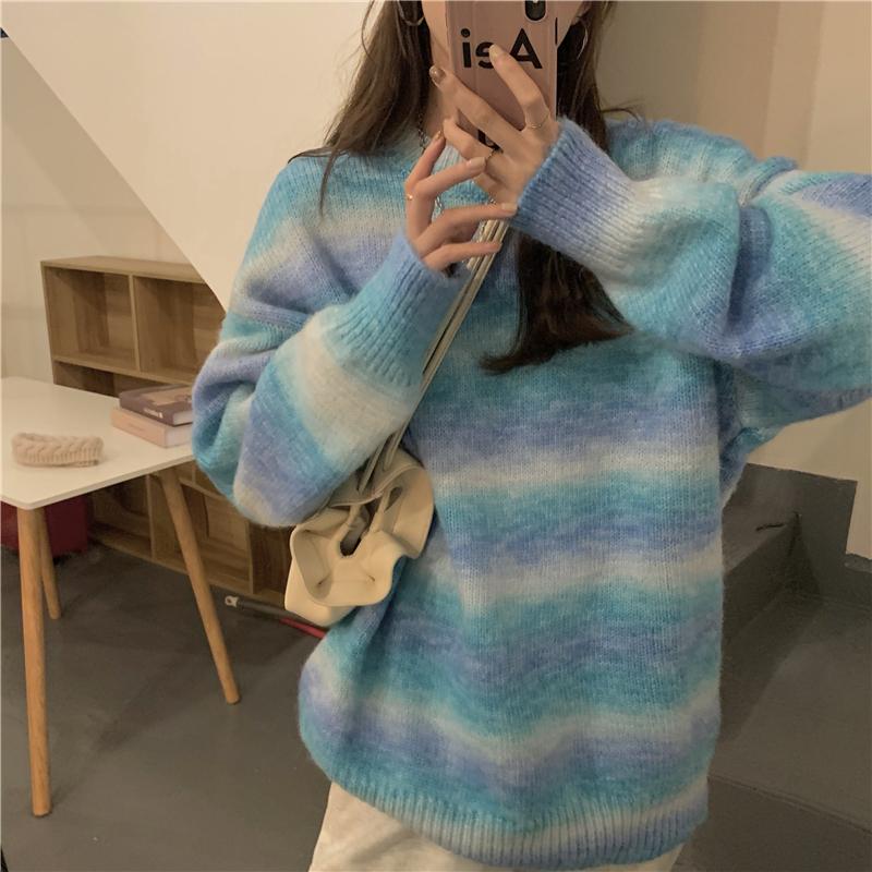 Blue Pink Pastel Gradient Stripes Knit Loose Sweater