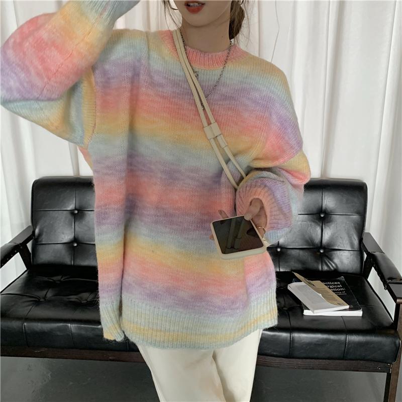 Blue Pink Pastel Gradient Stripes Knit Loose Sweater