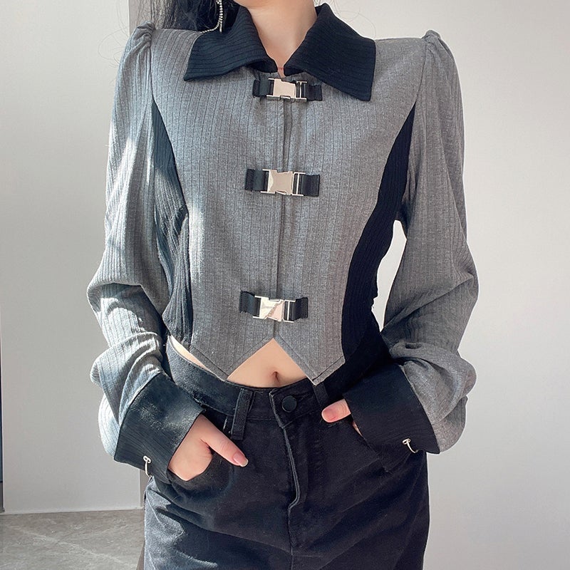 Casual Aesthetic Metal Latch Ribbed Cropped Shirt