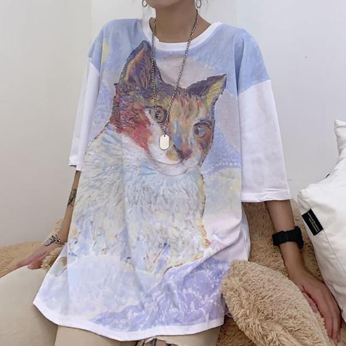 Cat Cartoon Oil Painting Oversized T-Shirt