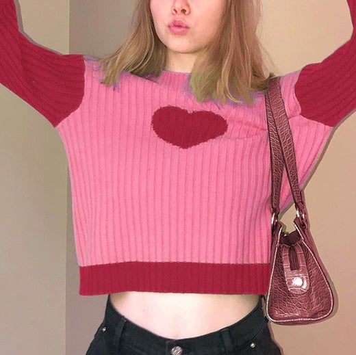 Colorful Heart Pattern Slim Ribbed Knit Cropped Sweater